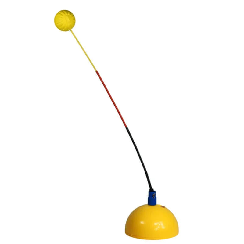 Portable tennis trainer with a flexible shaft and ball for practicing tennis skills.