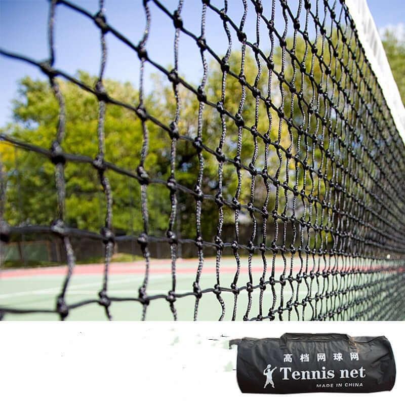Professional tennis court net displayed on a tennis court, showcasing its durable design for training and tournaments.