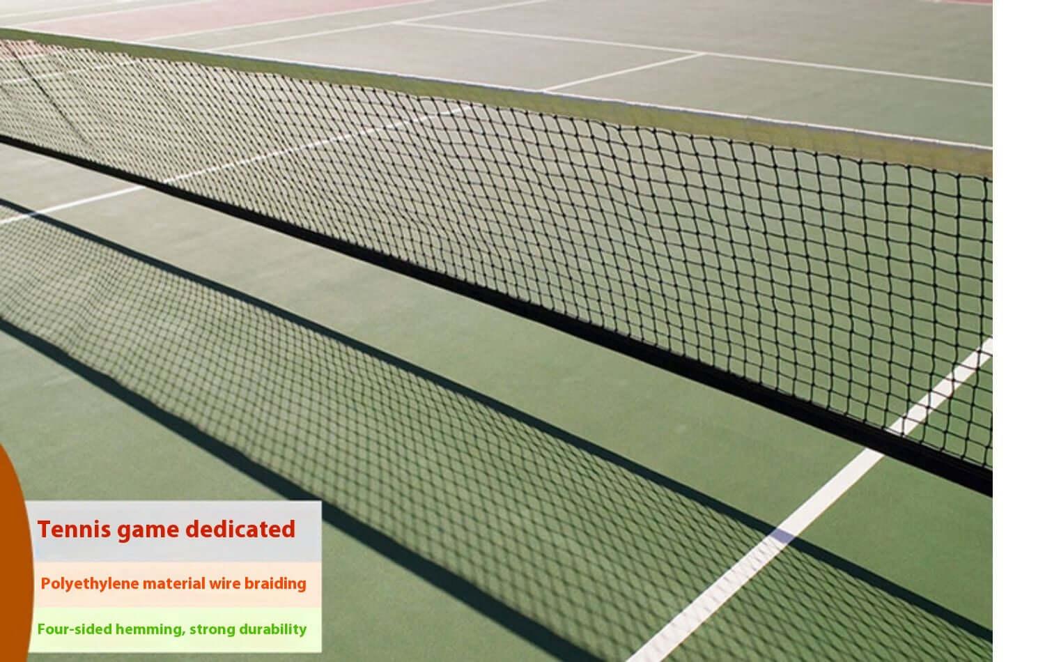 Professional tennis court net featuring polyethylene material wire braiding for durability.