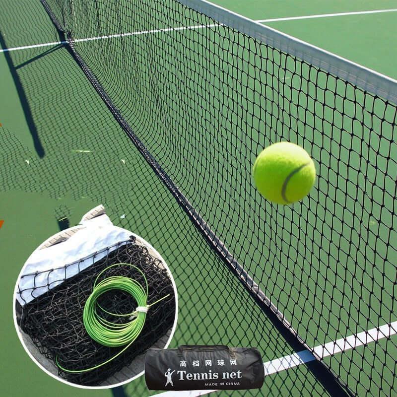 Professional tennis court net in action with a tennis ball in flight and equipment setup.