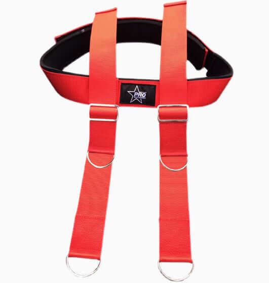 Lower Center Of Gravity Height Adjustable Tennis Balance Trainer harness with red straps for stability and training.