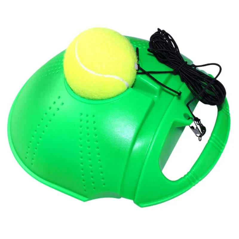 Senior tennis training equipment with a green base and yellow ball for skill enhancement and practice.