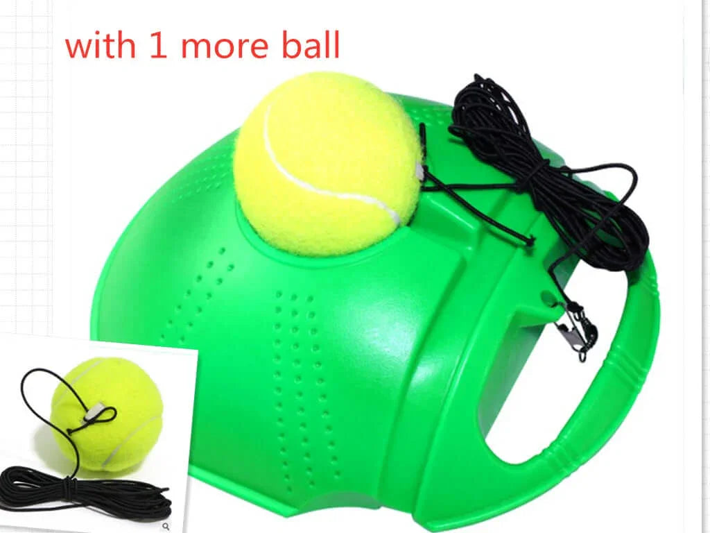 Beginner tennis training equipment with a green base, tennis ball, and elastic cord for practice.