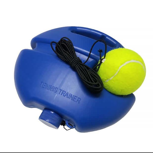 Beginner tennis training equipment: blue tennis trainer with ball and cord for skill improvement and solo practice.