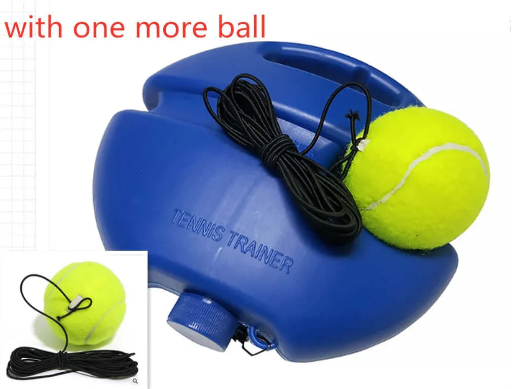 Beginner tennis training equipment with tennis trainer base and attached ball for effective practice.