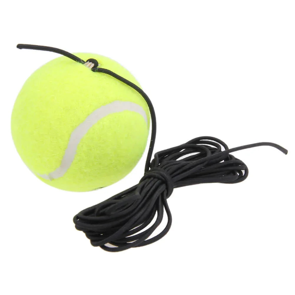 Beginner tennis training equipment with a yellow tennis ball and black cord for stroke practice.