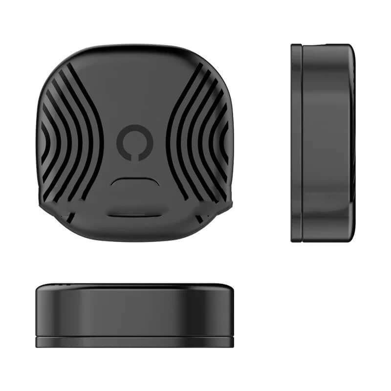 Smart tennis ball sensor showing front, side, and top views of the compact design for tracking motion in ball games.