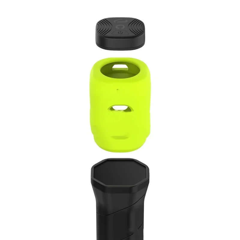 Smart tennis ball sensor components including a yellow sleeve, black cap, and base for enhanced performance tracking.