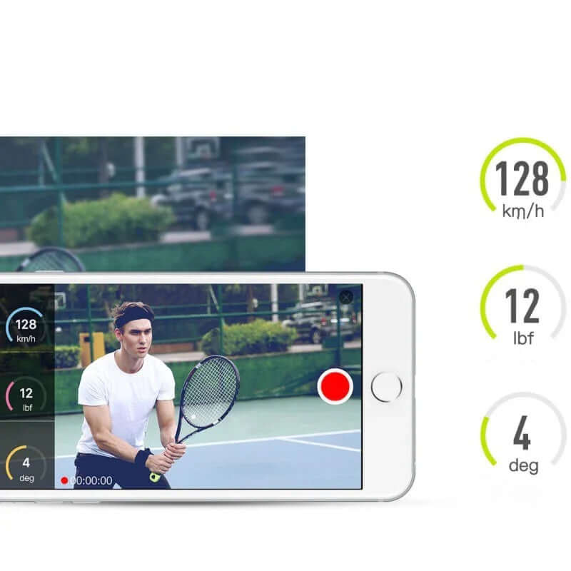 Smart tennis ball sensor tracking motion data during a game with a smartphone display.