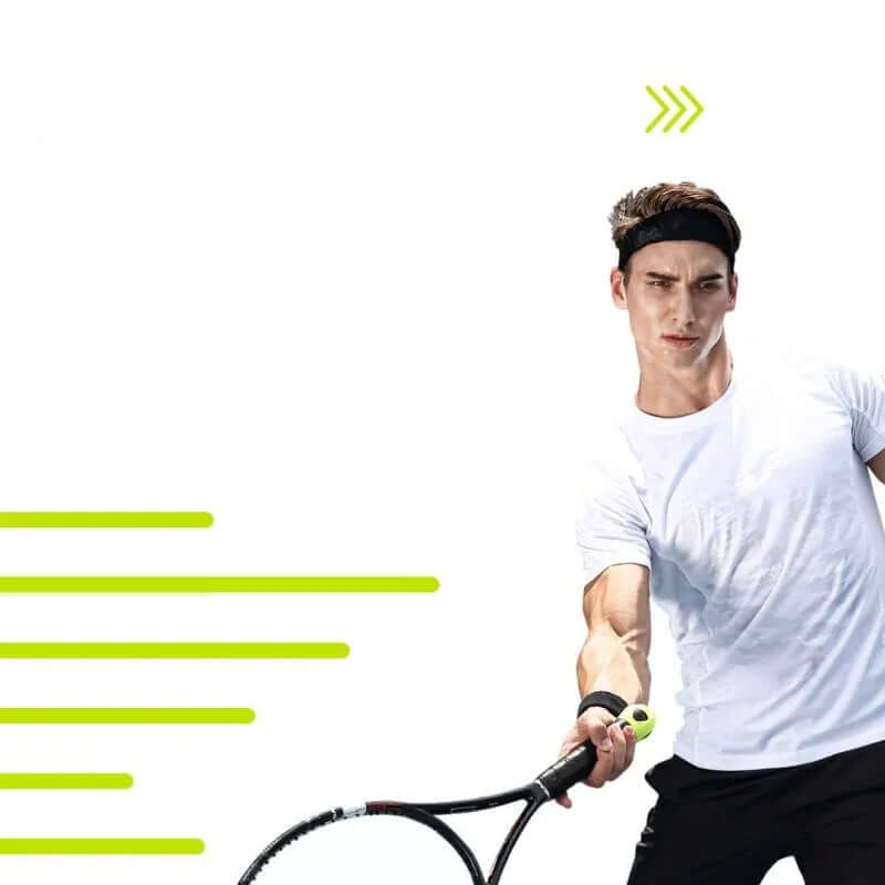Man using smart tennis ball sensor while playing tennis, showcasing athletic motion and performance tracking.