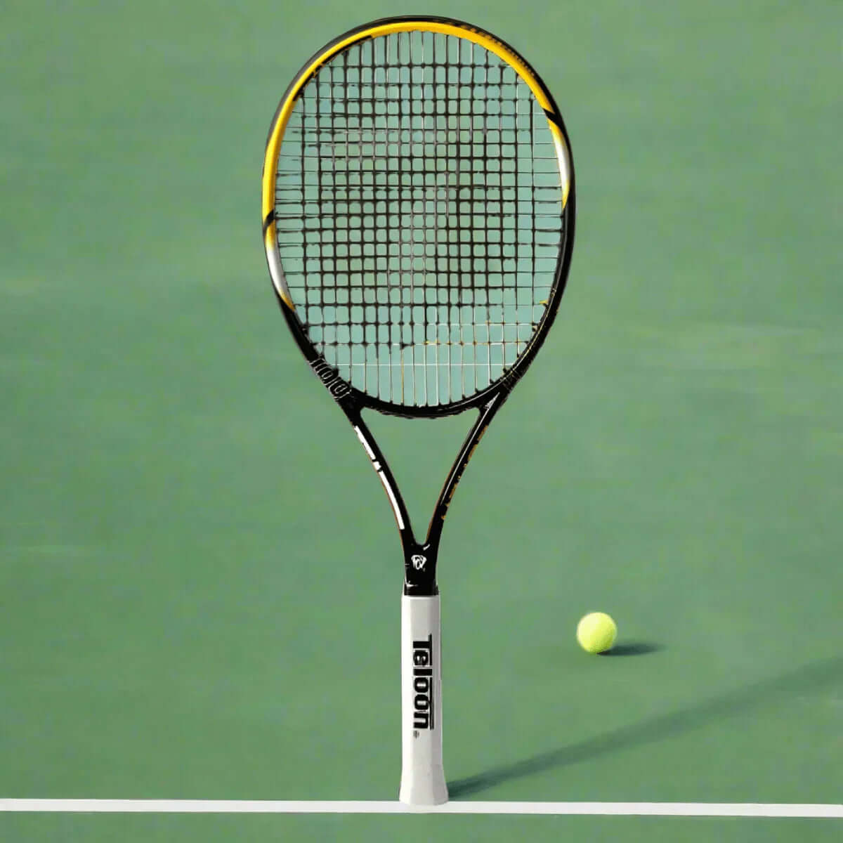 Teloon Tennis Racket positioned on a court with a tennis ball nearby, showcasing its lightweight and ergonomic design.