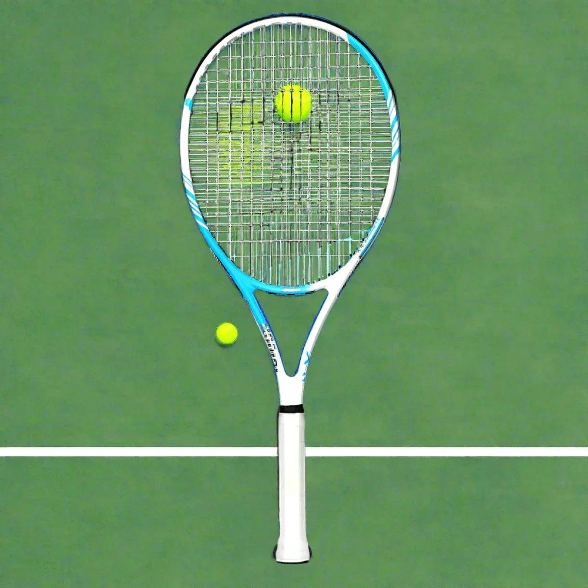 Teloon Tennis Racket with a tennis ball approaching the strings on a green court surface.