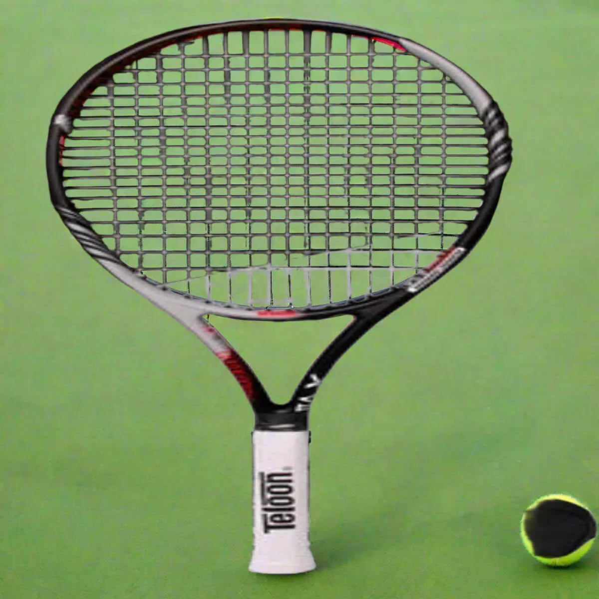 Teloon Tennis Racket on a green court with a tennis ball, showcasing precision and performance for players.