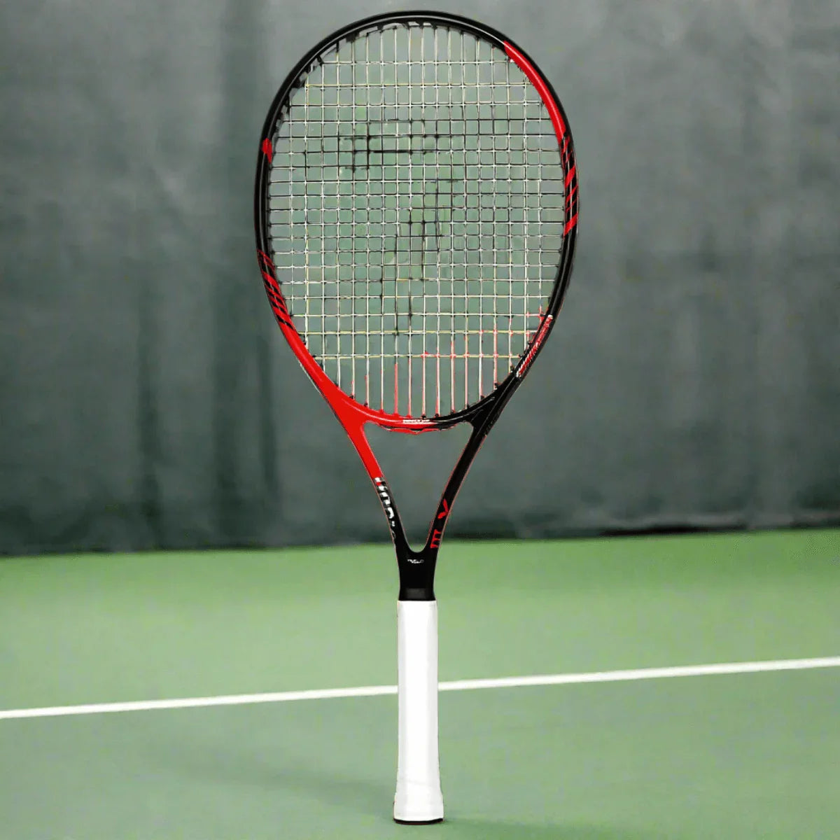 Teloon Tennis Racket displayed on a green tennis court, highlighting its lightweight and ergonomic design.