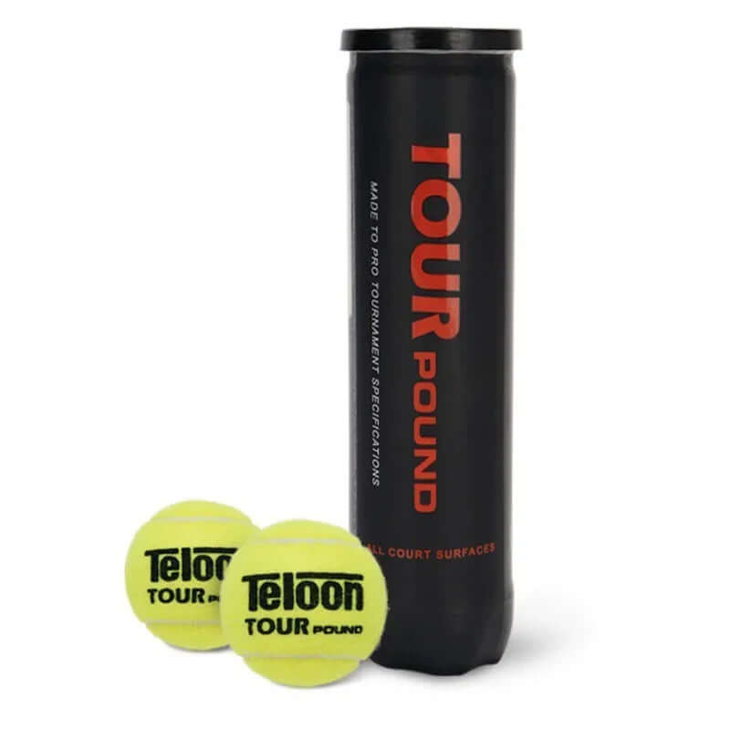 P4 barrel tennis balls by Teloon in yellow with black tube labeled TOUR POUND for durable match play.