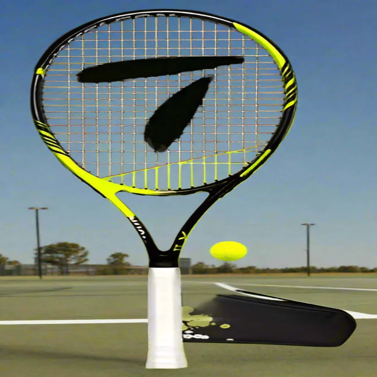 Teloon Tennis Racket in action on court with a tennis ball, showcasing precision and control.