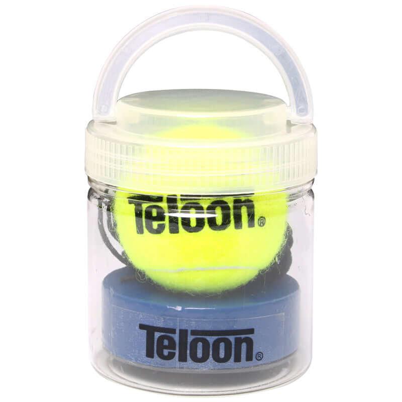 Tennis single training set with durable training ball and elastic rope in a clear container.