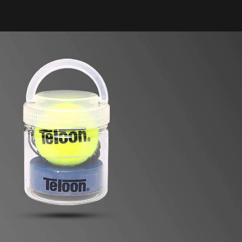 Tennis single training set including a durable tennis ball in a clear container for easy practice.