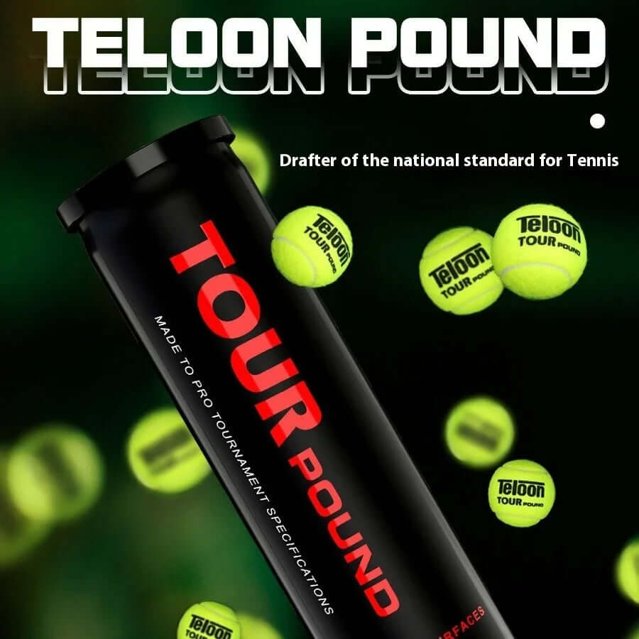 P4 barrel tennis balls by Teloon in a vibrant graphic showing the product's branding and tennis balls in motion.