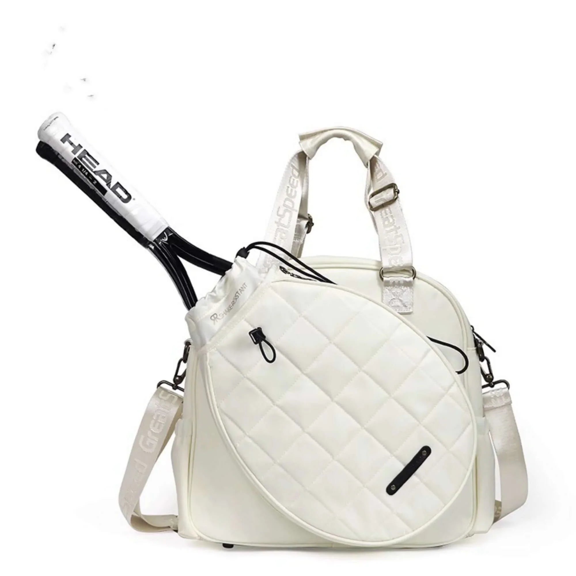 Tennis and badminton bag set featuring a stylish white shoulder bag with a racket.