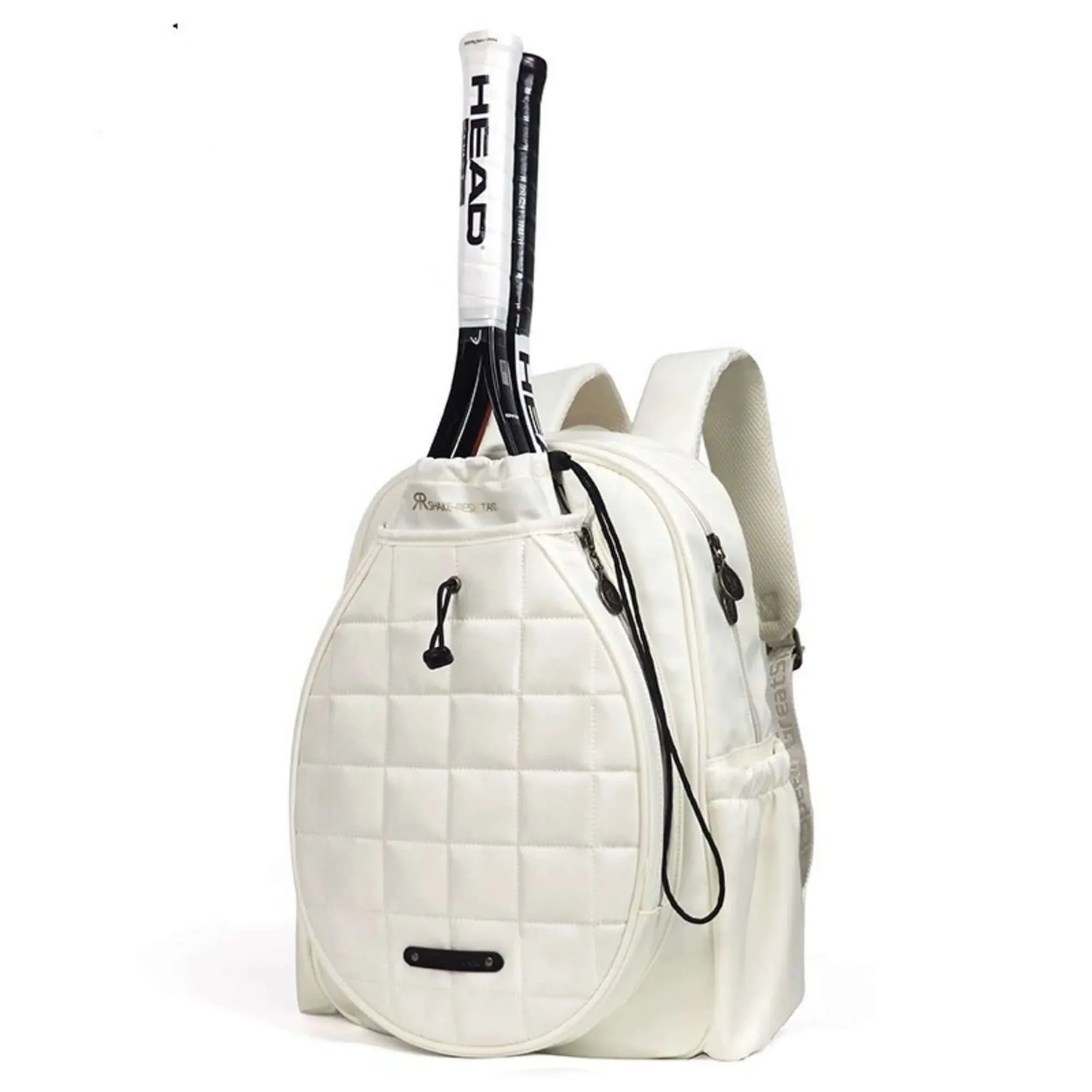 Tennis and badminton bag set with a white backpack holding a racket, perfect for sports enthusiasts.