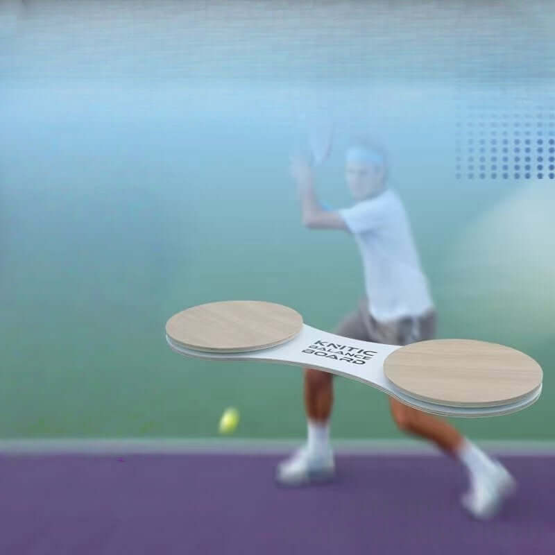 Tennis Power Chain Wood Surf Balance Board Swing Trainer with a player practicing in the background.