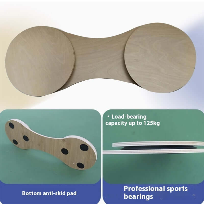 Tennis Power Chain Wood Surf Balance Board Swing Trainer showing anti-skid pad and load-bearing capacity.