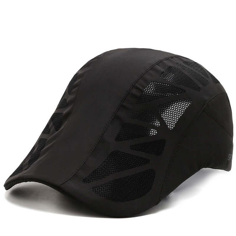 Black tennis cap with breathable mesh design, ideal for summer outdoor sports and quick-drying comfort.