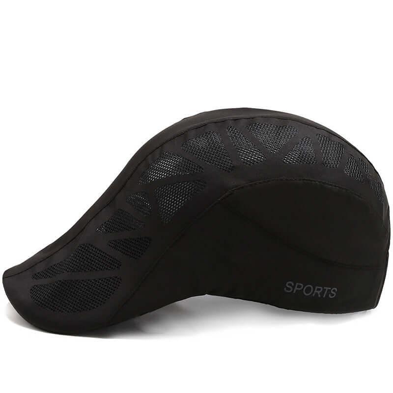 Black tennis cap with breathable mesh design, ideal for summer outdoor sports and quick-drying comfort.