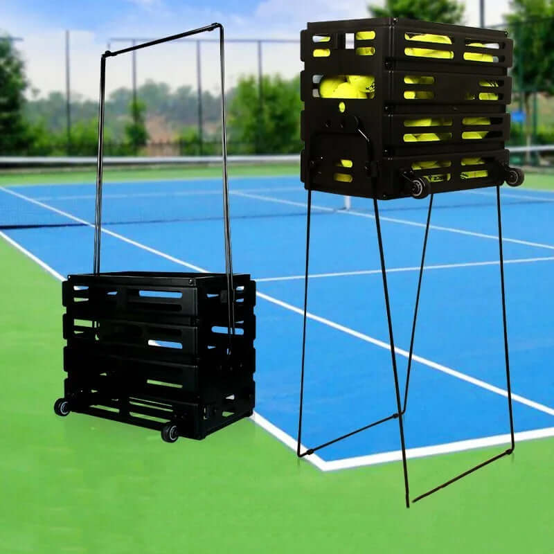 Tennis Cart Storage Basket with wheels on a tennis court, featuring a sturdy black design, perfect for carrying tennis equipment.