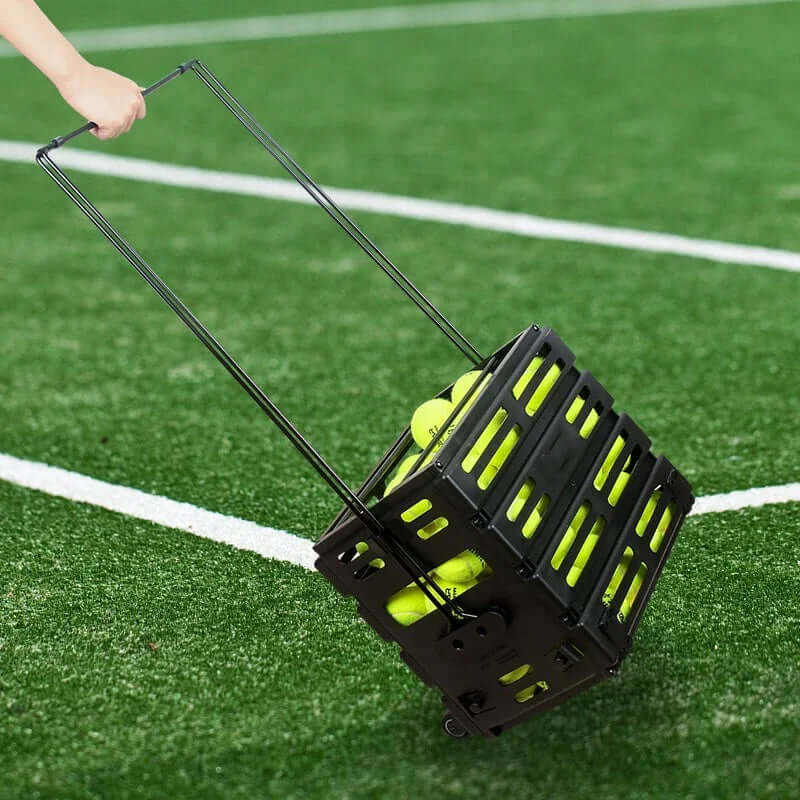 Tennis Cart Storage Basket on a grass field, holding bright tennis balls, showcasing portability and design by SoleStrideUK.