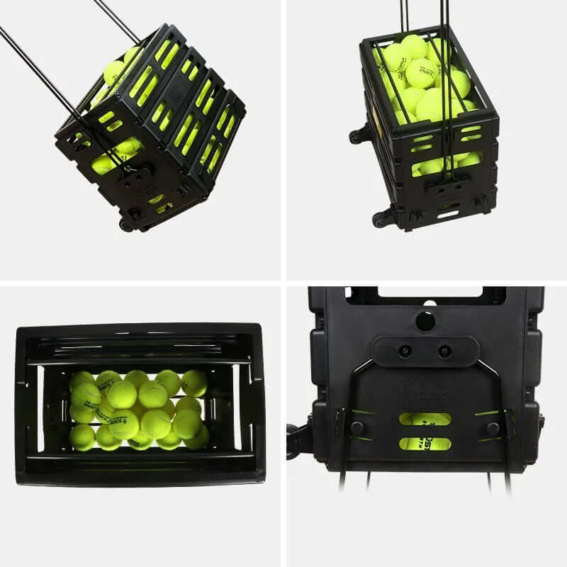 Tennis Cart Storage Basket filled with tennis balls, featuring wheels for easy transport by SoleStrideUK.