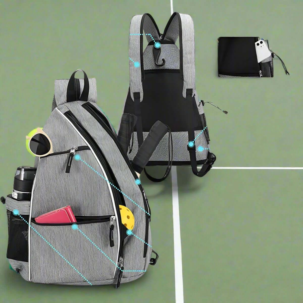Tennis Shoulder Bag displayed on a tennis court, featuring pockets for rackets and accessories.