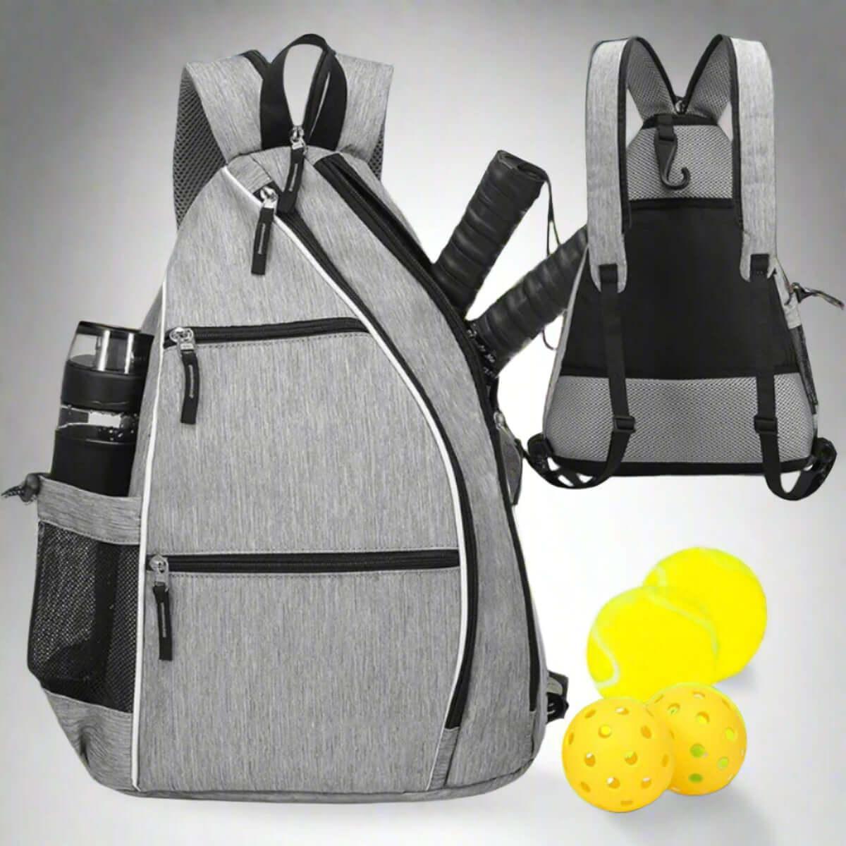 Tennis Shoulder Bag in gray, featuring compartments for rackets, water bottle, and tennis balls, perfect for players.
