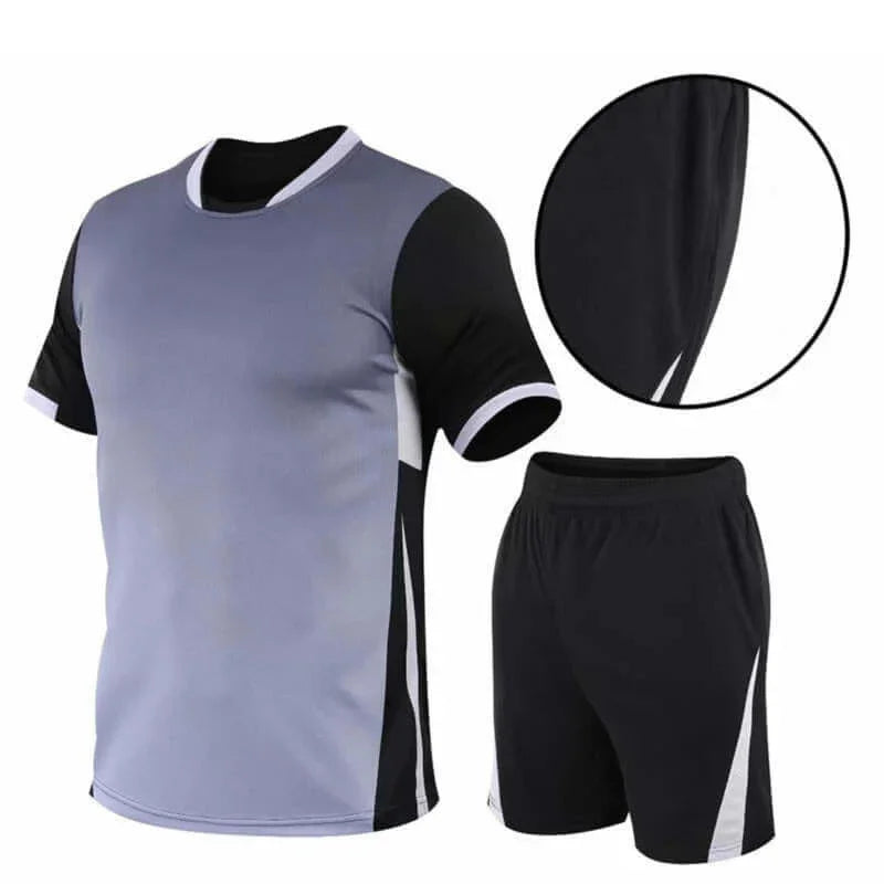 Tennis Suit for Men – Summer Sports T-Shirt & Shorts Set (M–5XL) in gray and black, showcasing breathable fabric and lightweight design.