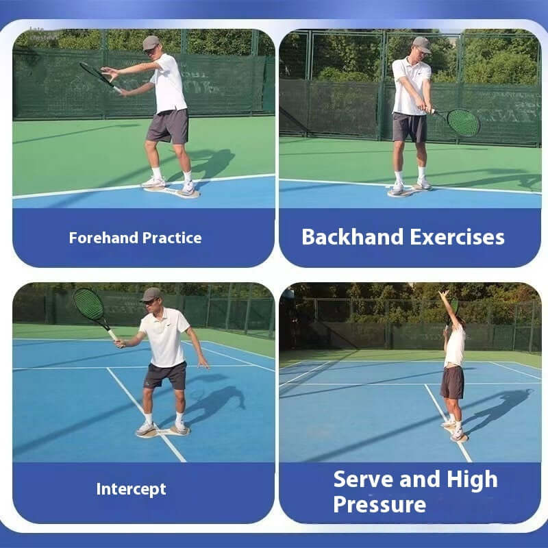 Tennis Power Chain Wood Surf Balance Board Swing Trainer in action with forehand, backhand, intercept, and serve drills.