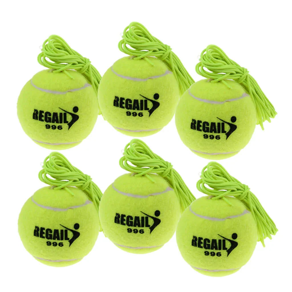 Tennis training device with six yellow balls featuring sparring ropes for improved skills and coordination.