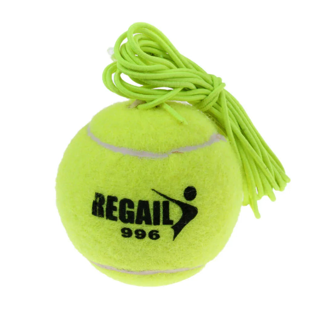 Tennis training device with green elastic rope and yellow ball designed for enhancing skills of elementary players.