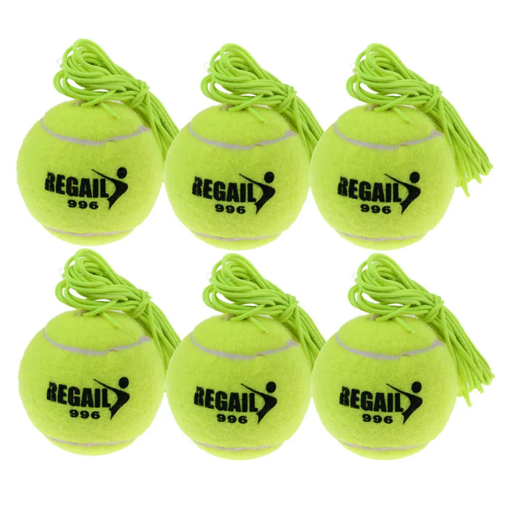 Tennis training device consisting of six bright yellow balls with adjustable cords for enhancing skills and coordination.