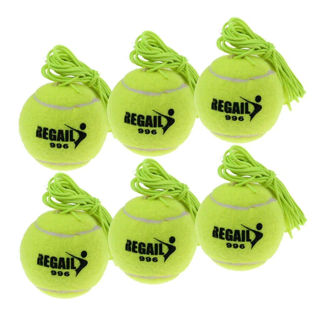 Tennis training device set with six green balls and ropes for improving skills and techniques.