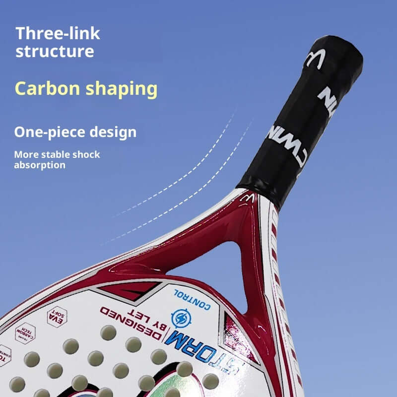 Womens Creative Printed Paddle Tennis Beach Racket showing three-link structure and carbon shaping for stable shock absorption.