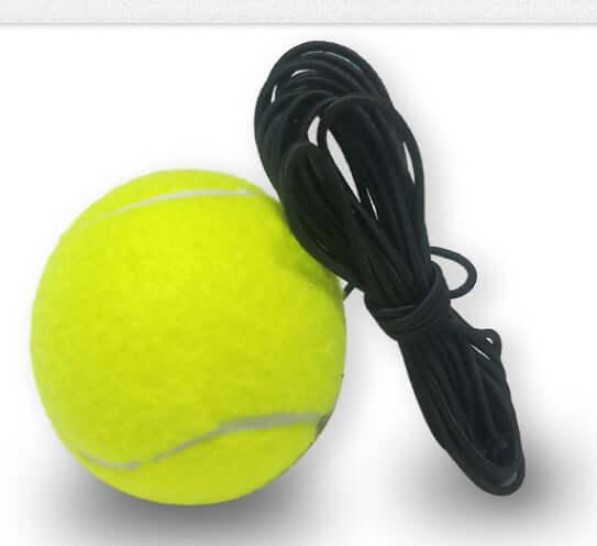 Beginner tennis training equipment featuring a yellow tennis ball with a black string for enhanced practice.